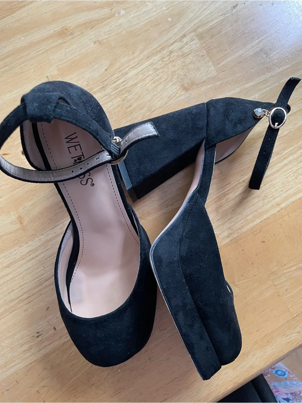 Wet Kiss Black F Suede Ankle-Strap Mary Jane’s